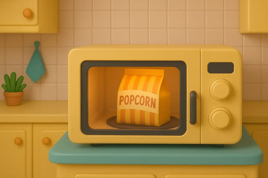 Pipoca sendo feita no microondas.