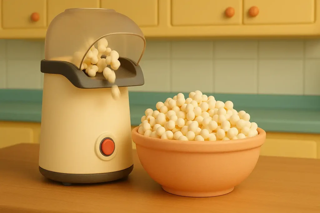 Pipoca sendo feita na pipoqueira elétrica.