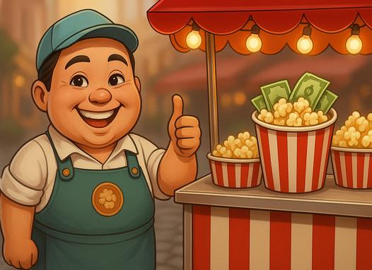 Pipoqueiro feliz faturando alto